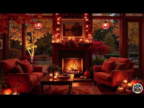 Relaxing Jazz Music And Crackling Fireplace in Cozy Autumn Porch Ambience 🍂 Jazz Music For Healing