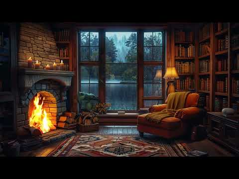 Lakeside Reading Room Ambience with Fireplace | Relaxing sound to sleep better, study, focus,..