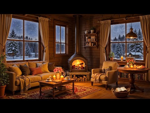 Winter Night in Cozy Cabin Ambience with Soothing Jazz Music and Fireplace Sounds to Work, Study