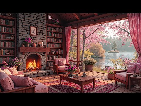 Relaxing Spring Ambience Cozy Fireplace 🌷 Gentle Jazz & Nature Sounds for Deep Relaxation