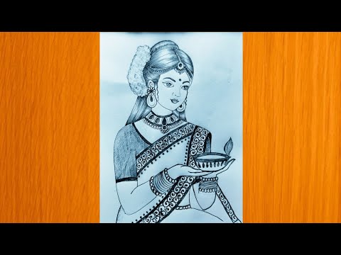 How to draw Girl with Diwali Diya - Diwali Drawing || Pencil sketch for beginner || diwali drawing