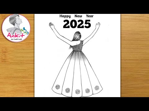 Happy new year drawing 2025 / How to make new year greeting card / Easy girl drawing / new year 2025