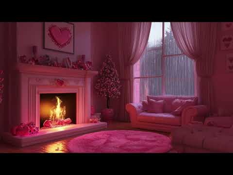 Pink Fireplace 🎀 Cozy Valentine’s Day Ambience 🔥  | Rain Sounds |  Instrumental