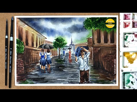 Rainy Season drawing | Watercolor Flood painting | Watercolor tutorial in Hindi