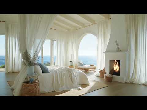 Cozy Oceanfront Fireplace Ambience | Fireplace Crackling Ocean Waves ASMR Sleep, Focus & Relaxation