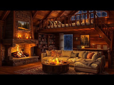 Cozy Reading Nook Ambience - Soft Jazz, Fireplace Sounds & Gentle Snowfall for a Cozy Atmosphere