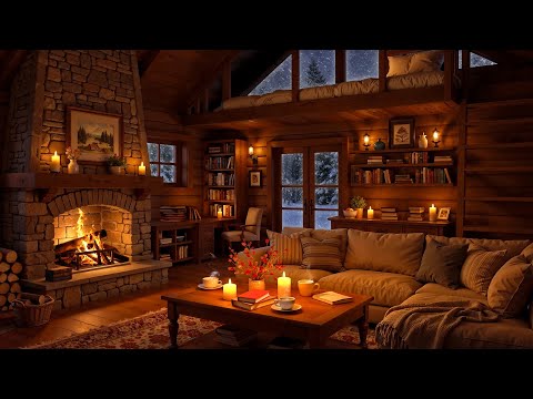 Snowy Winter Nights with Jazz Relaxing Music & Crackling Fireplace in Cozy Cabin Ambience