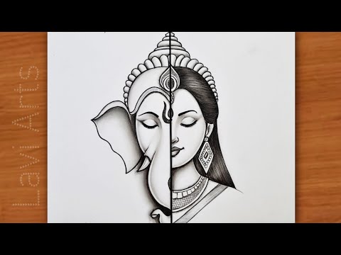 Ganesh Lakshmi Half Face drawing for Diwali (Step by Step) | Lakshmi Ganesh drawing | Diwali Drawing