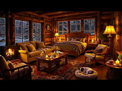 ❄ Deep Sleep in Cozy Country Cottage Ambience with Winter Jazz, Snowstorm, Wind & Fireplace Sounds 🔥