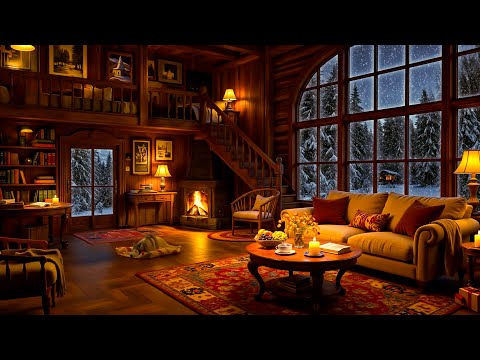 Cozy Winter Cottage Ambience on Snowy Night ❄ Warm Jazz Music & Crackling Fireplace for Deep Sleep