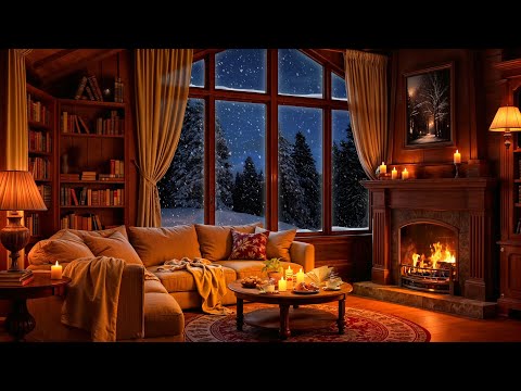 Soothing Jazz in Cozy Reading Nook Ambience ❄️ Fireplace Sounds and Snowfall for a Peaceful Night