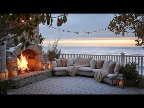 Cozy Oceanfront Fireplace Ambiance  | ASMR Crackling Fire & Waves for Sleep, Relaxation, Focus