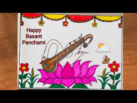 Basant Panchami drawing easy / Basant Panchami poster drawing / Lotus Duck scenery drawing #basant