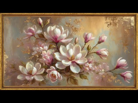 Exquisite Pink Magnolia Painting | 4K Gold Framed TV Art Screensaver | Relaxing Spring Ambiance 2Hrs