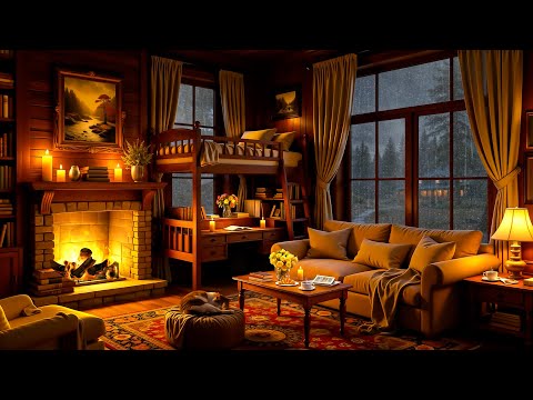 Cozy Cottage Ambience on Rainy Night 🌧️ Warm Jazz Music, Crackling Fireplace & Rain Sounds for Sleep