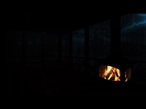 🔥Rainy Cabin Night | Crackling Fireplace, Heavy Rain & Thunderstorm for Cozy Sleep & Relaxation🌩️🌧️