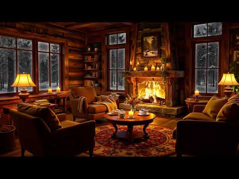 Cozy Winter Cottage Ambience in the Forest ❄️ Warm Jazz, Crackling Fireplace & White Noise for Sleep