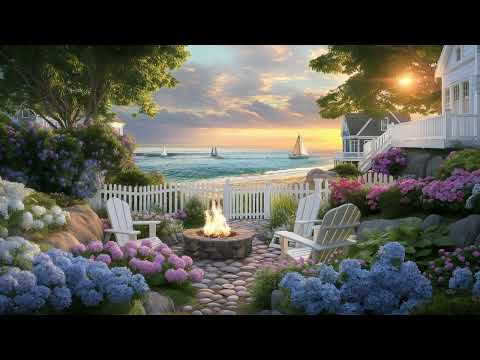 Cozy Beach House Ambiance Fireplace Crackling Sounds Ocean Waves, Soft Music ASMR Sounds