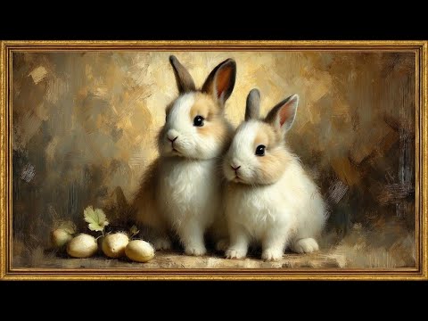 🐰Vintage Fluffy Easter Bunny Painting | 4K Gold Framed TV Art Screensaver | Relaxing Springtime |