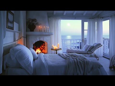 Cozy Oceanfront Fireplace | Crackling Fire & Gentle Waves ASMR for Deep Sleep & Relaxation