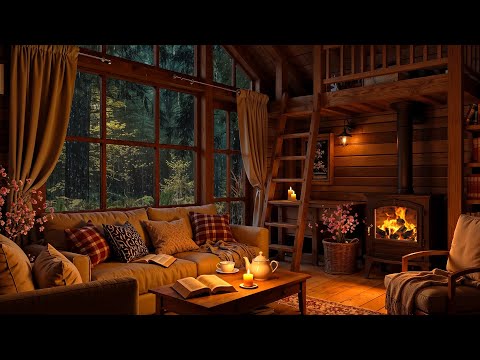 Soft Jazz & Crackling Fireplace in Cozy Cabin Ambience 🌧️ Relaxing Jazz in Rainy Days