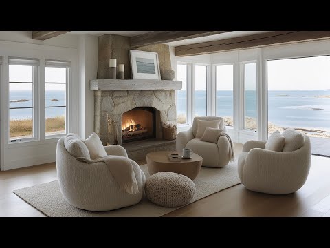 Cozy Coastal Ambiance with Fireplace Crackling Sounds and Ocean Sounds | Relaxing ASMR Ambience