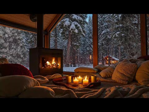 Relaxing Cabin Snowfall with Soft Jazz Music on Cozy Cabin Ambience ❄️ Fireplace Sounds for Unwind