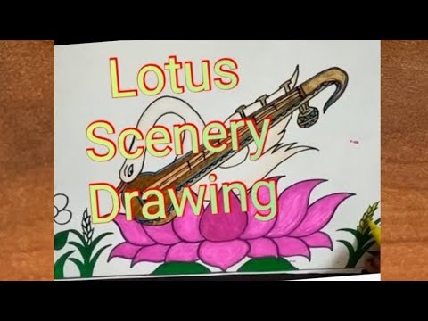 How to draw duck scenery step by step / Lotus duck scenery drawing / Saraswati veena drawing easy