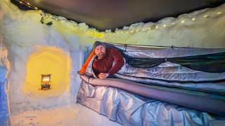 Camping in Dugout Snow Shelter with Warm Insulated Coffin Tent