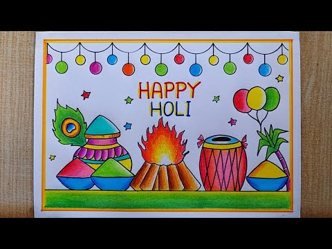 Holi drawing easy| Happy Holi poster drawing| Holi festival drawing| Holi special Card drawing