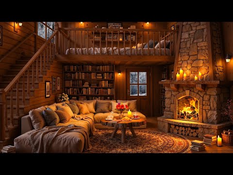 Cozy Winter Cabin Ambience ❄️ Soft Jazz, Crackling Fireplace & Gentle Snowfall for Relaxation