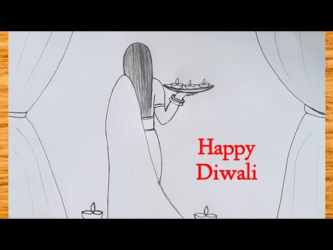 diwali drawing step by step | girl with diwali diya drawing | Happy diwali drawing |