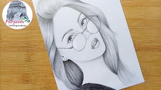 A girl with beautiful hair Pencil Sketch || How to draw a Girl with Glasses || bir kız nasıl çizilir