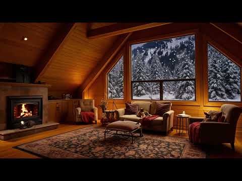 Peaceful Cozy Room Ambience with Soft Jazz & Crackling Fireplace on a Winter Night for Sleep