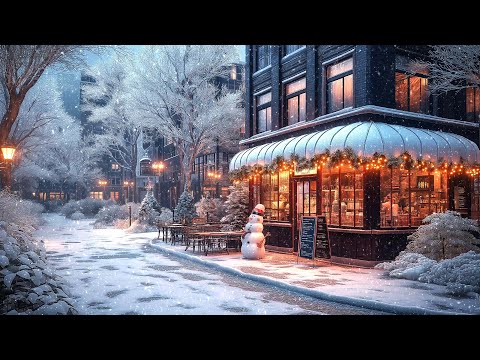 A Warm and Cozy Coffee Shop Ambience with Relaxing Winter Jazz Music on a Snowy Day