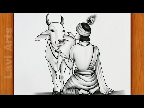 How to Draw Krishna With Cow | Krishna drawing | Easy step by step drawing | Pencil Sketch | Chitra