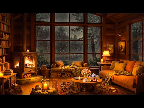 Cozy Room Ambience on Rainy Night 🌧️ Smooth Jazz Music with Rain & Fireplace Sounds for Study, Sleep