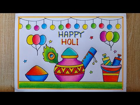 Holi drawing easy| Happy Holi poster drawing| Holi festival drawing| Holi special Colours drawing