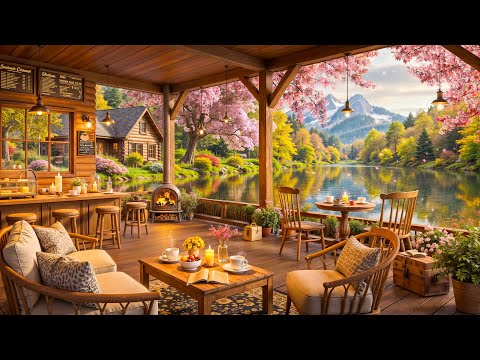 Warm Morning Jazz at 4K Spring Coffee Shop Ambience 🌸 Relaxing Jazz Instrumental Music for Studying