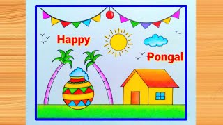 Pongal Drawing Easy / Pongal Festival Drawing / How to Draw Easy Happy Pongal / Pongal Pot Drawing