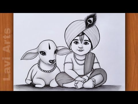 How to Draw Krishna with Cute Cow | Easy Pencil drawing of krishna | God drawing | Krishna drawing