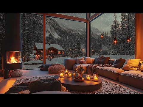 Warm Cabin Jazz Music ❄ Crackling Fireplace, Snowfall & Smooth Jazz Songs for Relaxing