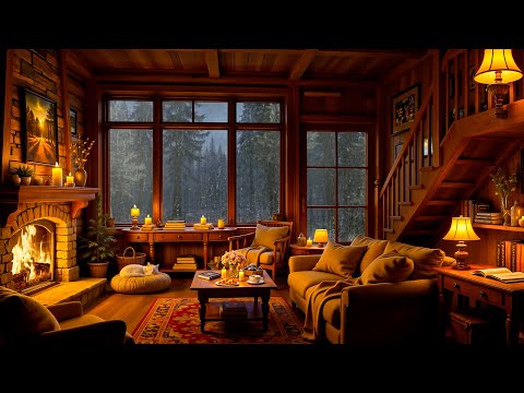 Cozy Forest Cottage Ambience 🌧️ Smooth Jazz, Heavy Rain & Fireplace Sounds for Sleeping, Relaxing