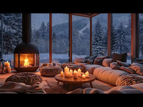 Cozy Cabin Ambience - Soft Jazz Music - Snowfall & Fireplace Sounds to Relax, Study, Sleep ❄