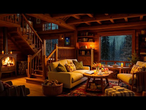 Soft Jazz in Cozy Cottage Ambience 🌧️ Rain and Fireplace Sounds at Night for Relax, Study, Sleep