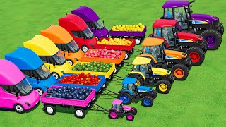 TRANSPORTING New HOLLAND Mini to BIG TRACTORS & FRUITs with FLATBED TRAILER & GARAGE LOADERS!! FS22