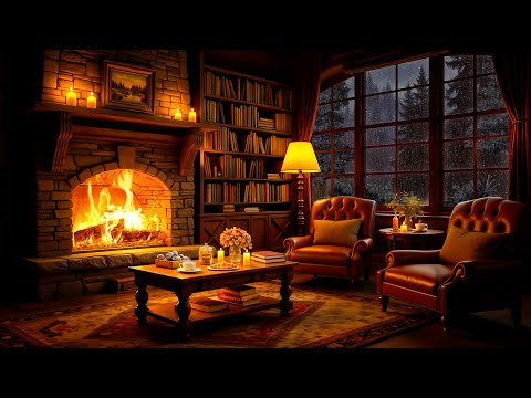 Cozy Reading Nook Ambience 🔥 Soft Jazz Music ⛈ Gentle Night Rain & Fireplace Sounds for Sleeping