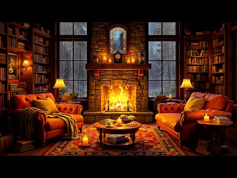 Cozy Reading Nook Ambience 🌧️ Soft Jazz Music, Heavy Rain & Fireplace Sounds for Relaxation, Sleep