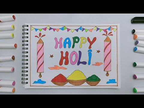 Holi greeting card Easy Drawing For Beginners || Happy Holi Drawing || Ohuhu markers Drawing ||