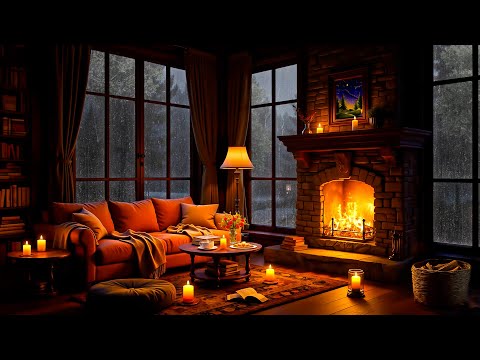 Smooth Jazz Music in Cozy Cabin Ambience 🌧️ Heavy Rain and Fireplace Sounds for Sleep, Relax & Study